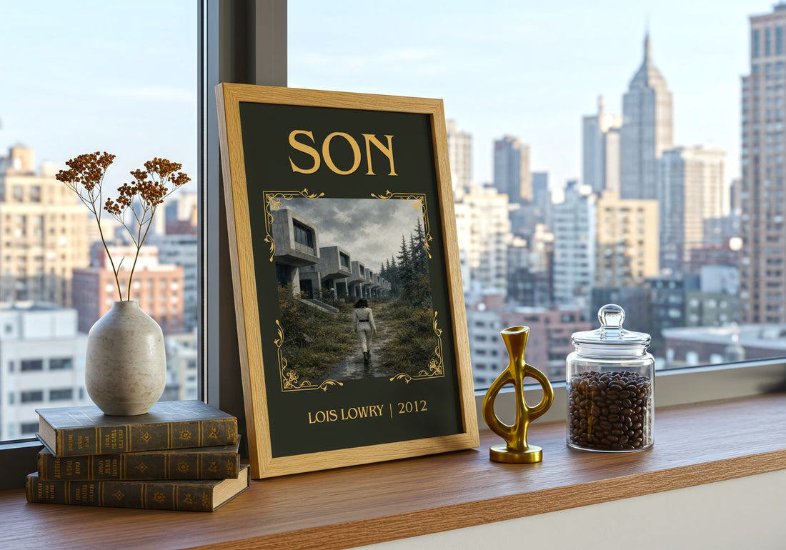 Son Classic Book Art Print by Lois Lowry – framed print on a city-view windowsill