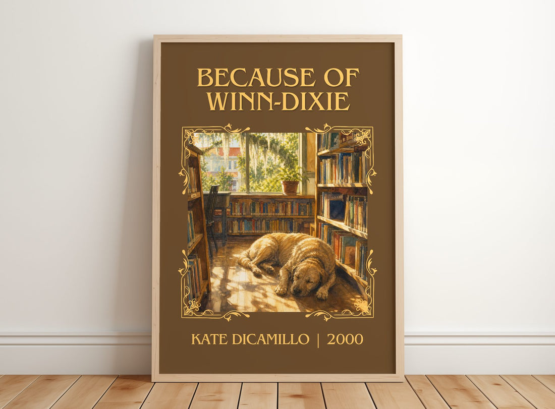 Because of Winn-Dixie Classic Book Art Print by Kate DiCamillo – framed print leaning on a wooden floor
