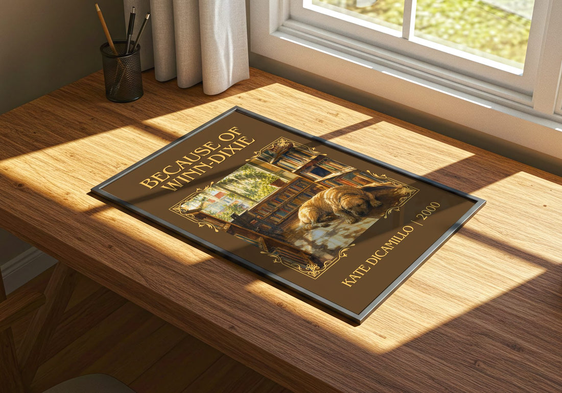 Because of Winn-Dixie Classic Book Art Print by Kate DiCamillo – print on a sunlit desk