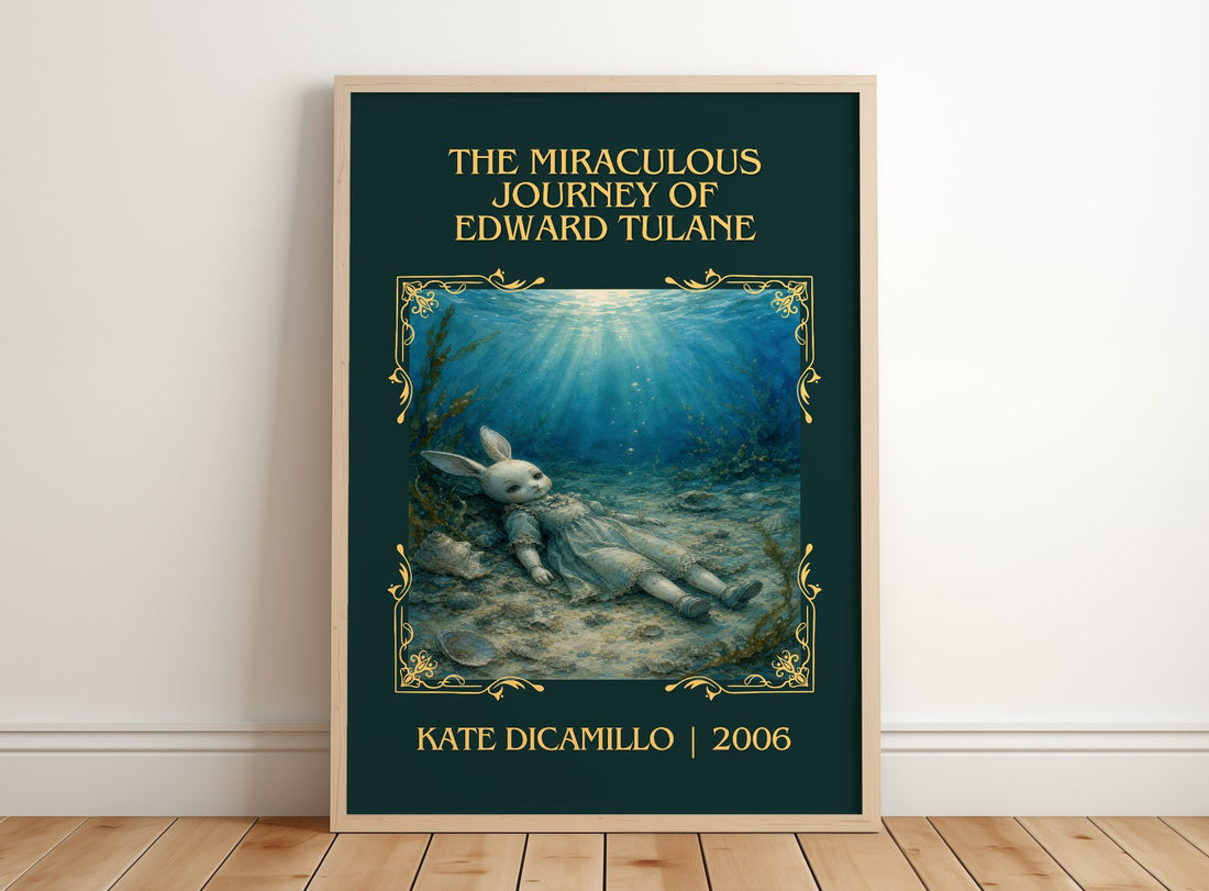 The Miraculous Journey of Edward Tulane Classic Book Art Print by Kate DiCamillo – framed print leaning on a wooden floor