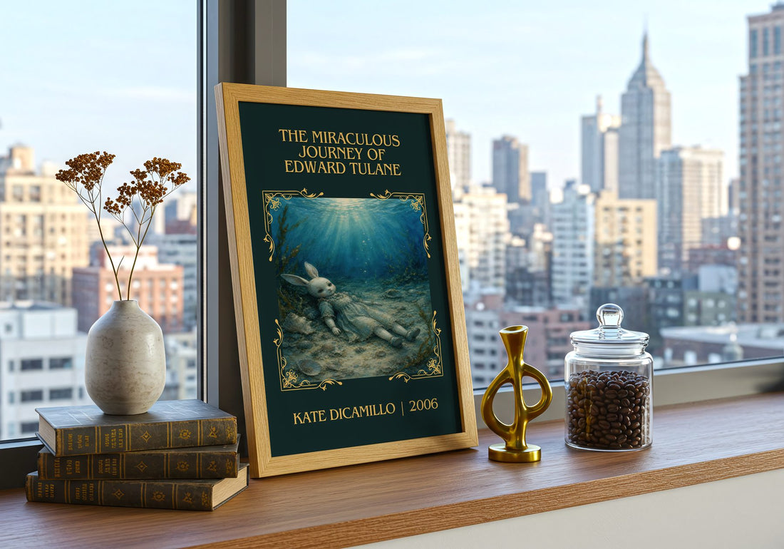 The Miraculous Journey of Edward Tulane Classic Book Art Print by Kate DiCamillo – framed print on a city-view windowsill