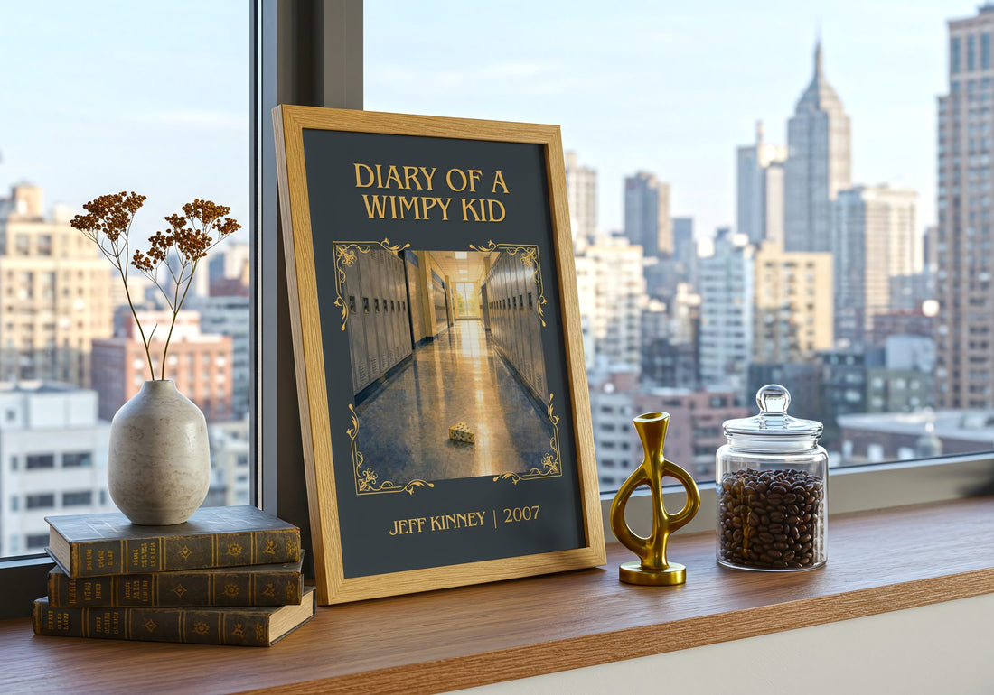 Diary of a Wimpy Kid Classic Book Art Print by Jeff Kinney – framed print on a city-view windowsill