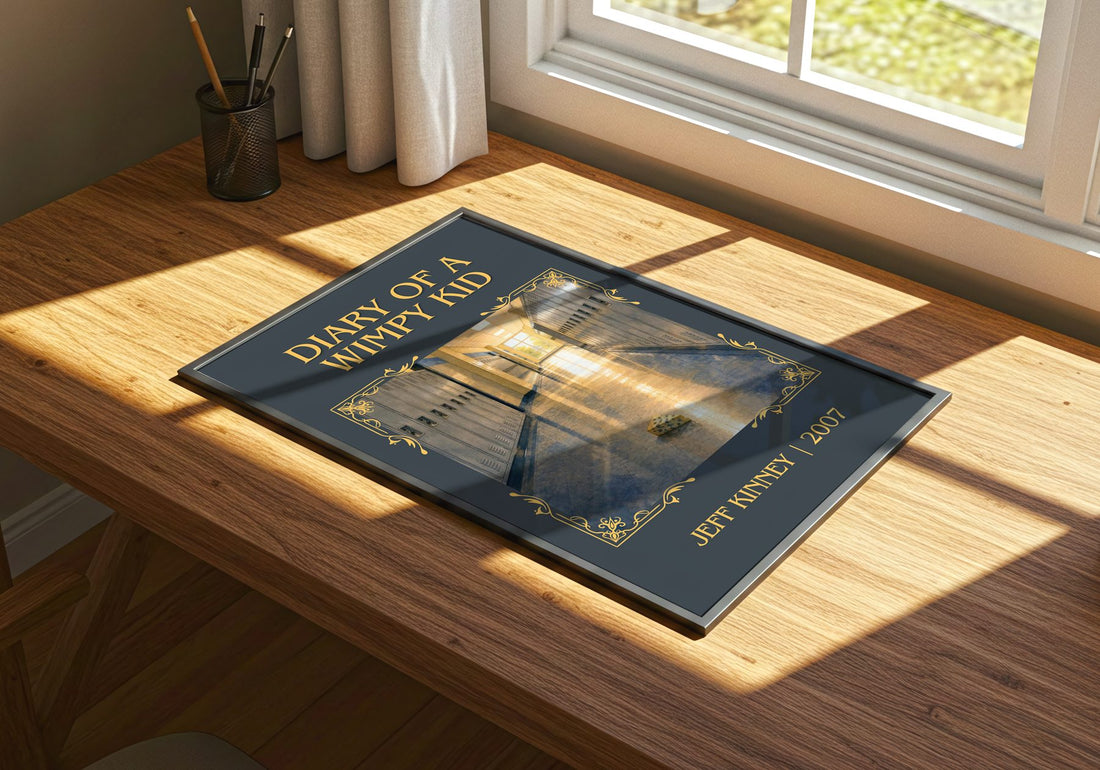 Diary of a Wimpy Kid Classic Book Art Print by Jeff Kinney – print on a sunlit desk