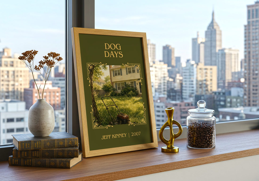 Dog Days Classic Book Art Print by Jeff Kinney – framed print on a city-view windowsill