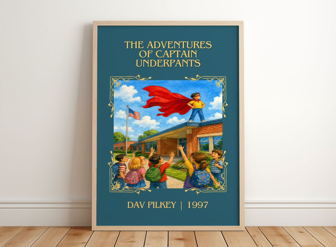 Adventures of Captain Underpants Classic Book Art Print by Dav Pilkey – framed print leaning on a wooden floor