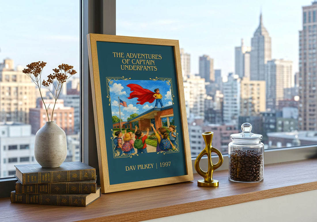 Adventures of Captain Underpants Classic Book Art Print by Dav Pilkey – framed print on a city-view windowsill