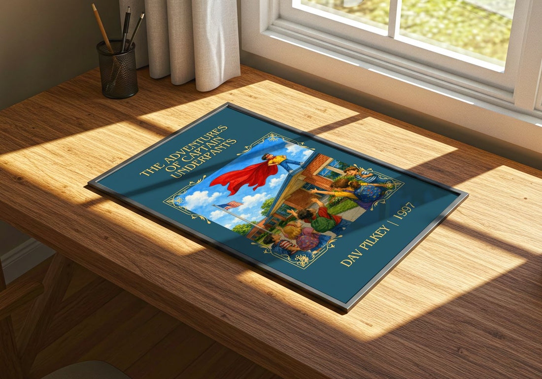 Adventures of Captain Underpants Classic Book Art Print by Dav Pilkey – print on a sunlit desk