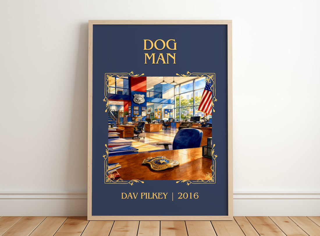 Dog Man Classic Book Art Print by Dav Pilkey – framed print leaning on a wooden floor