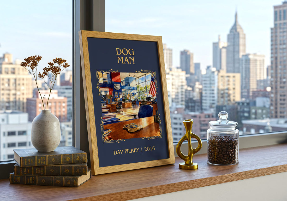 Dog Man Classic Book Art Print by Dav Pilkey – framed print on a city-view windowsill