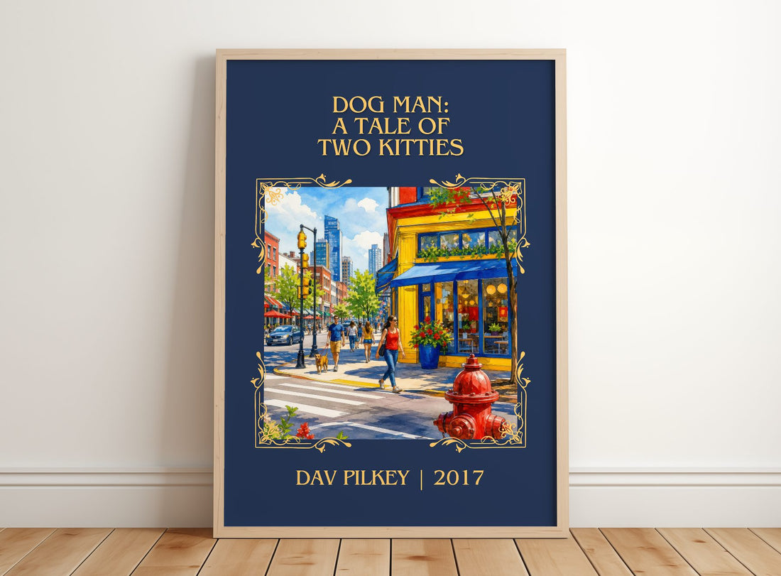 Dog Man: A Tale of Two Kitties Classic Book Art Print by Dav Pilkey – framed print leaning on a wooden floor