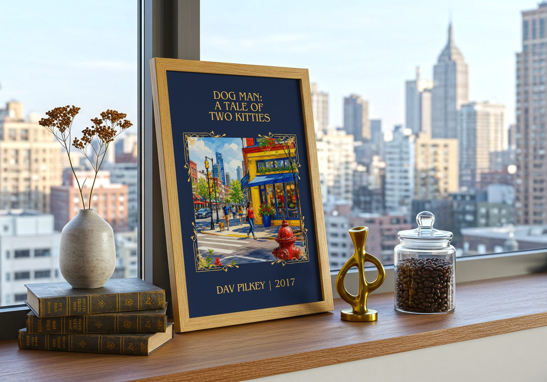Dog Man: A Tale of Two Kitties Classic Book Art Print by Dav Pilkey – framed print on a city-view windowsill