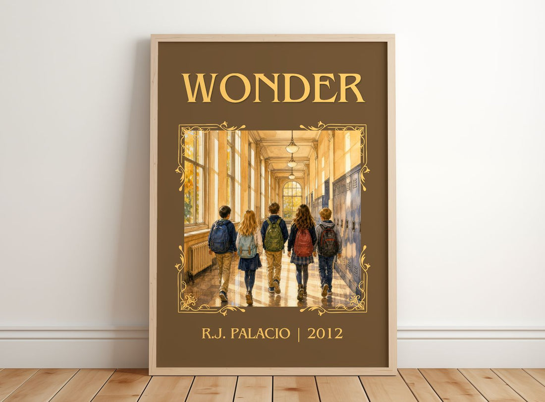 Wonder Classic Book Art Print by R.J. Palacio – framed print leaning on a wooden floor