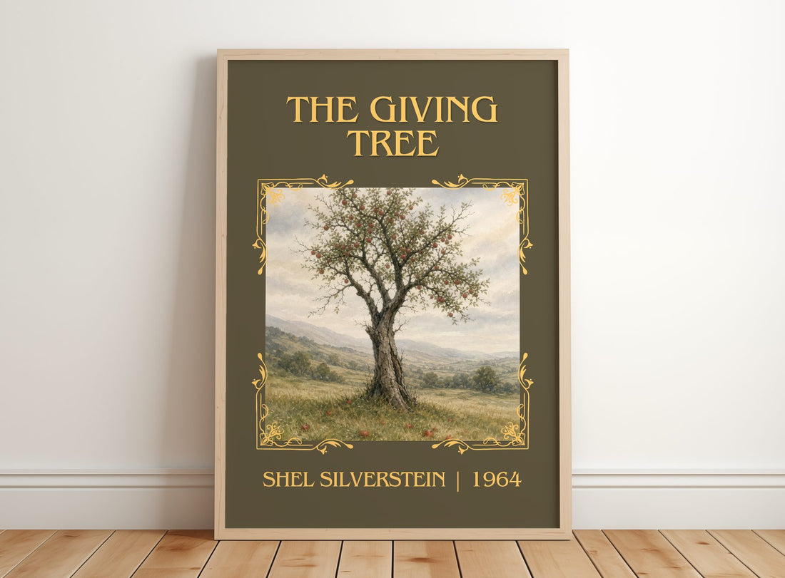 The Giving Tree Classic Book Art Print by Shel Silverstein – framed print leaning on a wooden floor