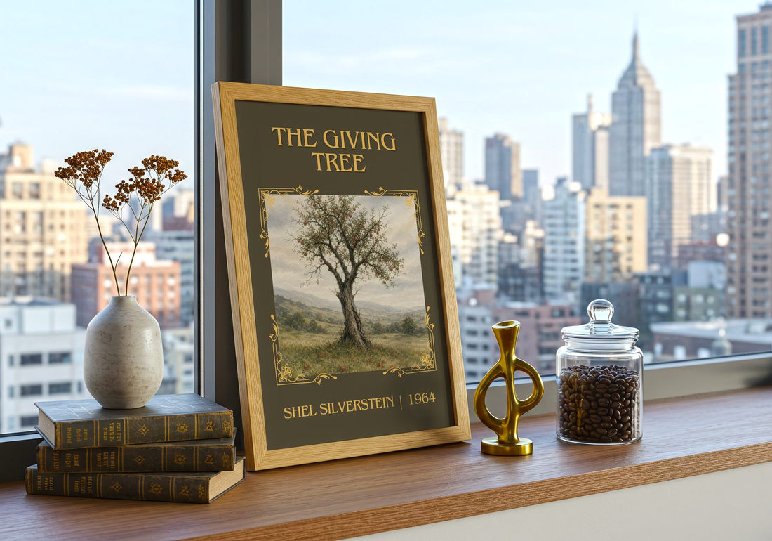 The Giving Tree Classic Book Art Print by Shel Silverstein – framed print on a city-view windowsill