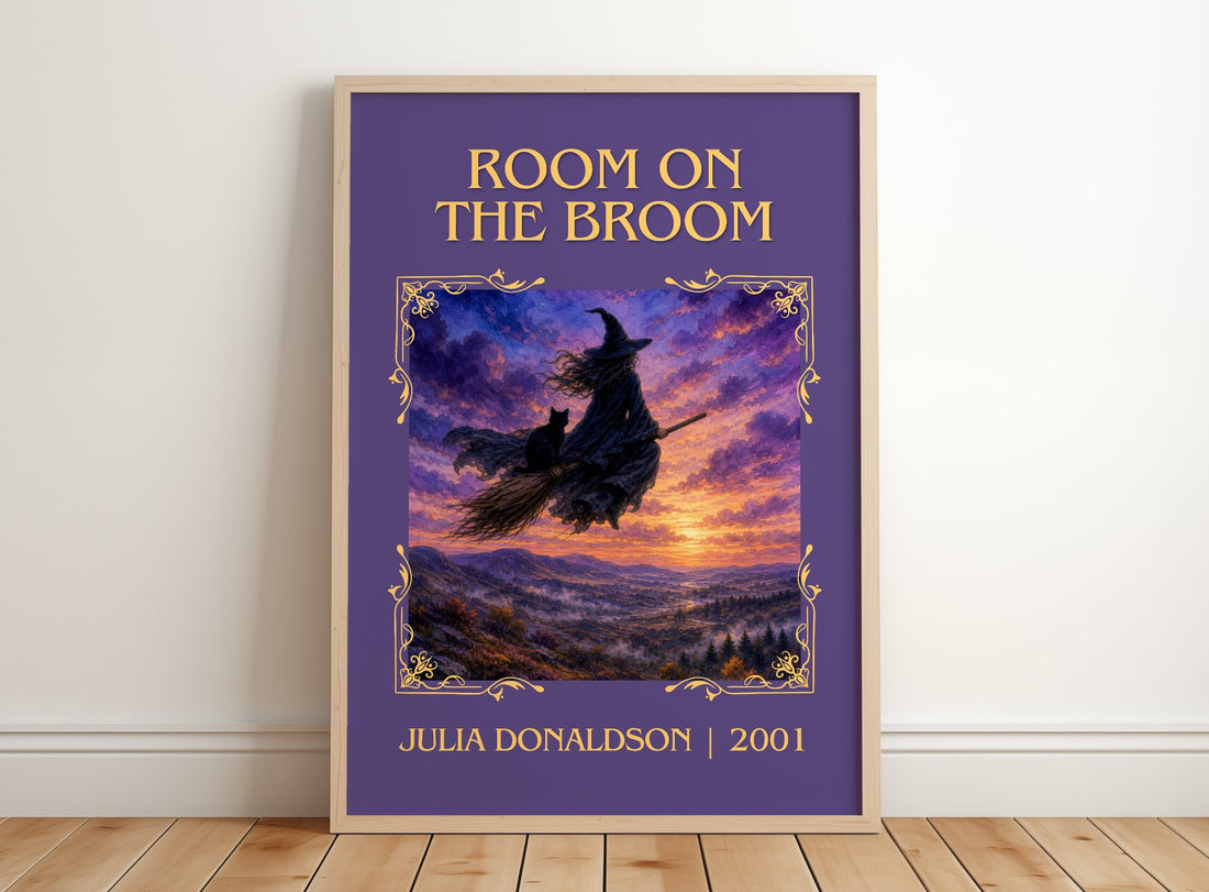 Room on the Broom Classic Book Art Print by Julia Donaldson – framed print leaning on a wooden floor