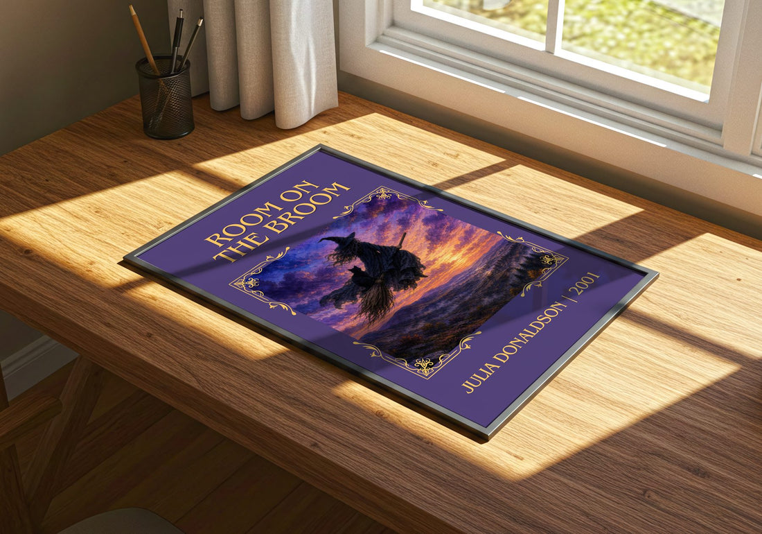 Room on the Broom Classic Book Art Print by Julia Donaldson – print on a sunlit desk