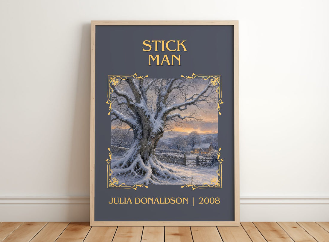 Stick Man Classic Book Art Print by Julia Donaldson – framed print leaning on a wooden floor