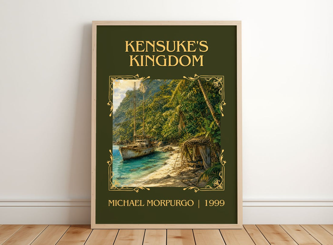 Kensuke's Kingdom Classic Book Art Print by Michael Morpurgo – framed print leaning on a wooden floor