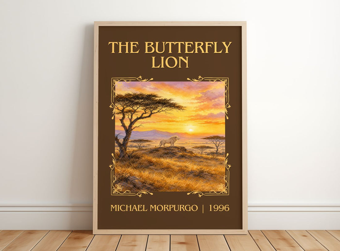 The Butterfly Lion Classic Book Art Print by Michael Morpurgo – framed print leaning on a wooden floor