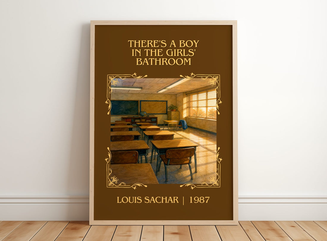 There's a Boy in the Girls' Bathroom Classic Book Art Print by Louis Sachar – framed print leaning on a wooden floor