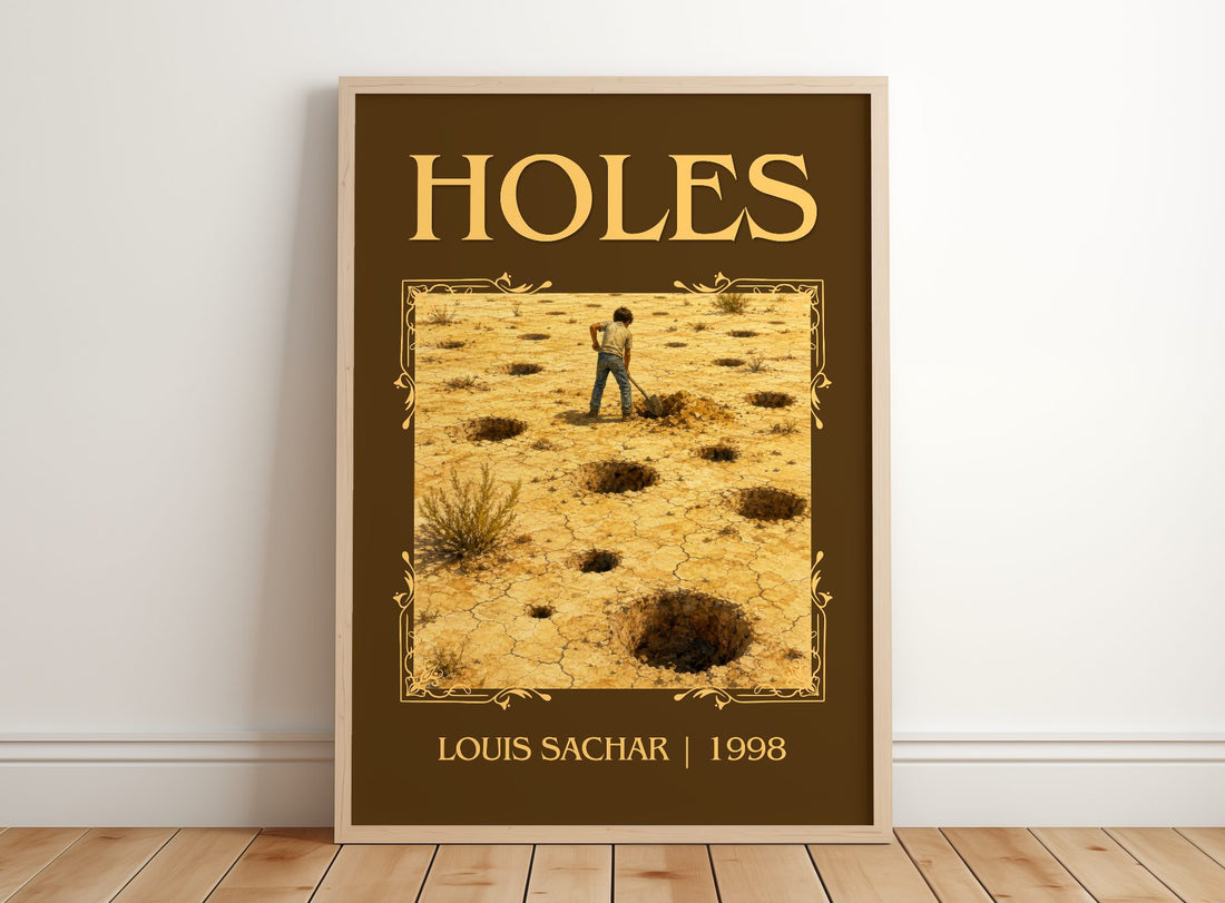Holes Classic Book Art Print by Louis Sachar – framed print leaning on a wooden floor