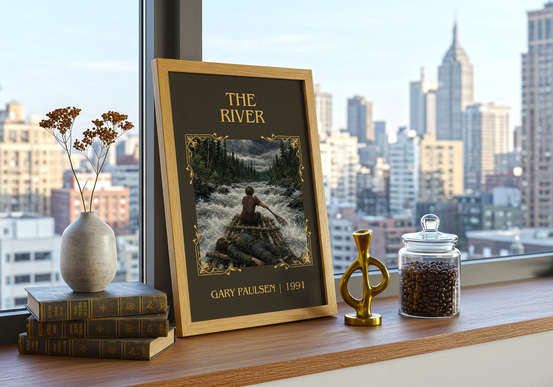 The River Classic Book Art Print by Gary Paulsen – framed print on a city-view windowsill