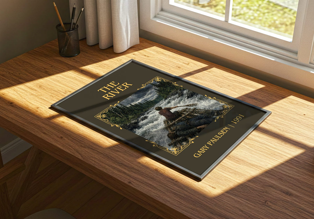 The River Classic Book Art Print by Gary Paulsen – print on a sunlit desk