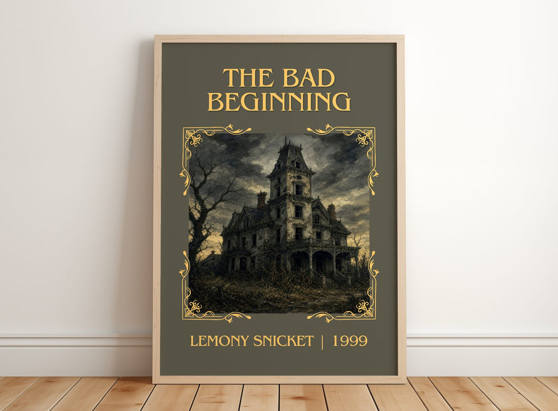 The Bad Beginning Classic Book Art Print by Lemony Snicket – framed print leaning on a wooden floor
