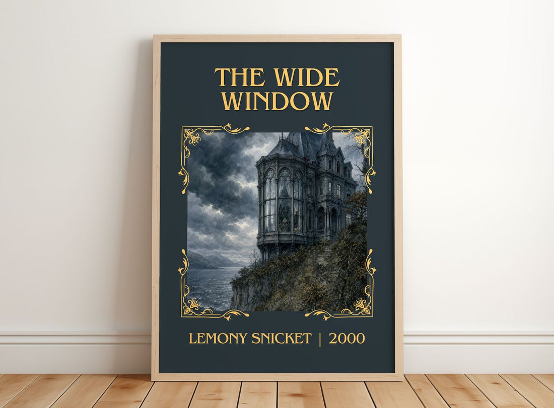The Wide Window Classic Book Art Print by Lemony Snicket – framed print leaning on a wooden floor