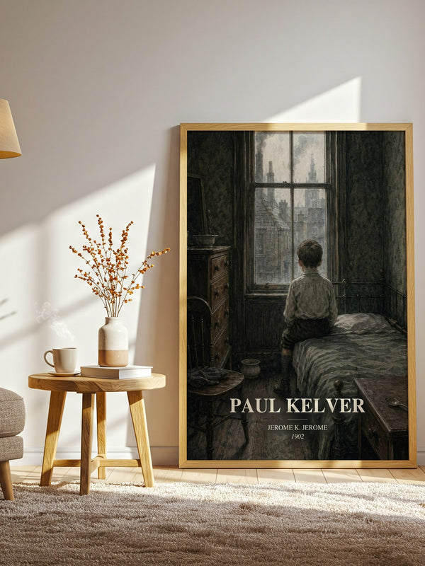 Paul Kelver watercolour print in frame leaning in hallway – literary fiction wall art