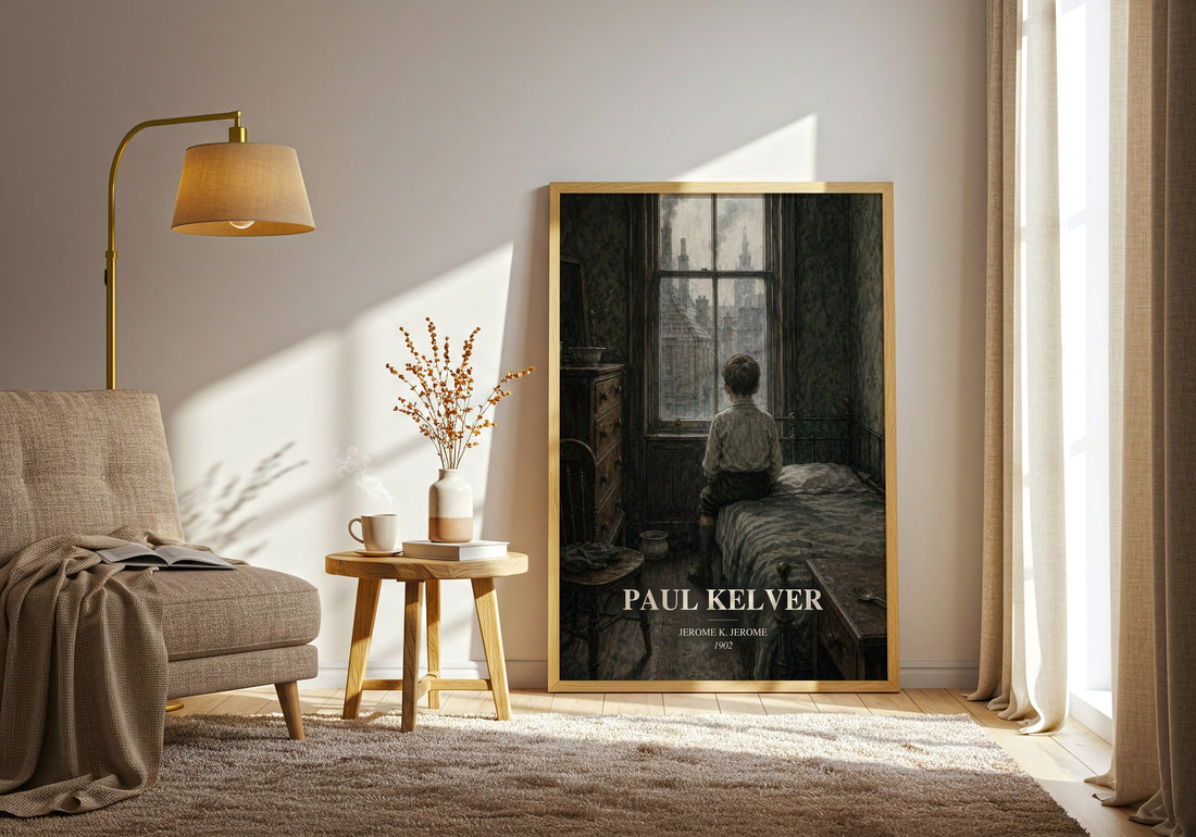 Paul Kelver watercolour print in frame leaning in hallway – literary fiction wall art (mockup)