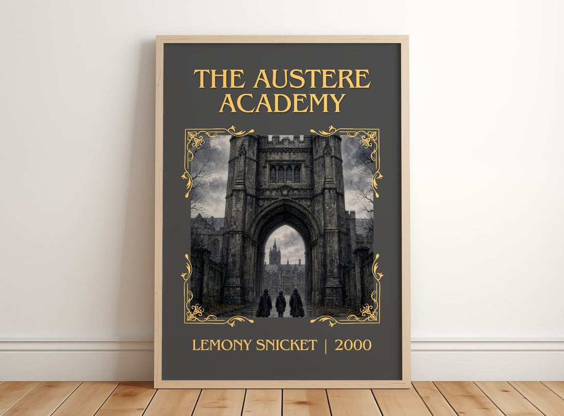 The Austere Academy Classic Book Art Print by Lemony Snicket – framed print leaning on a wooden floor