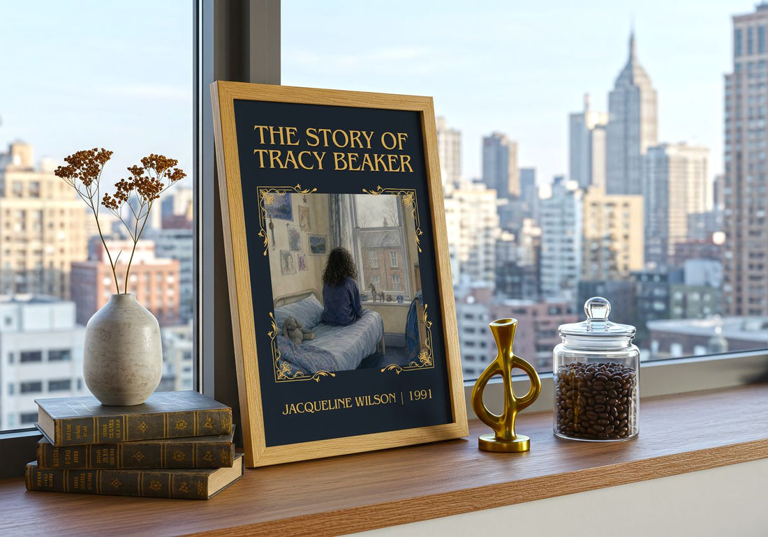The Story of Tracy Beaker Classic Book Art Print by Jacqueline Wilson – framed print on a city-view windowsill