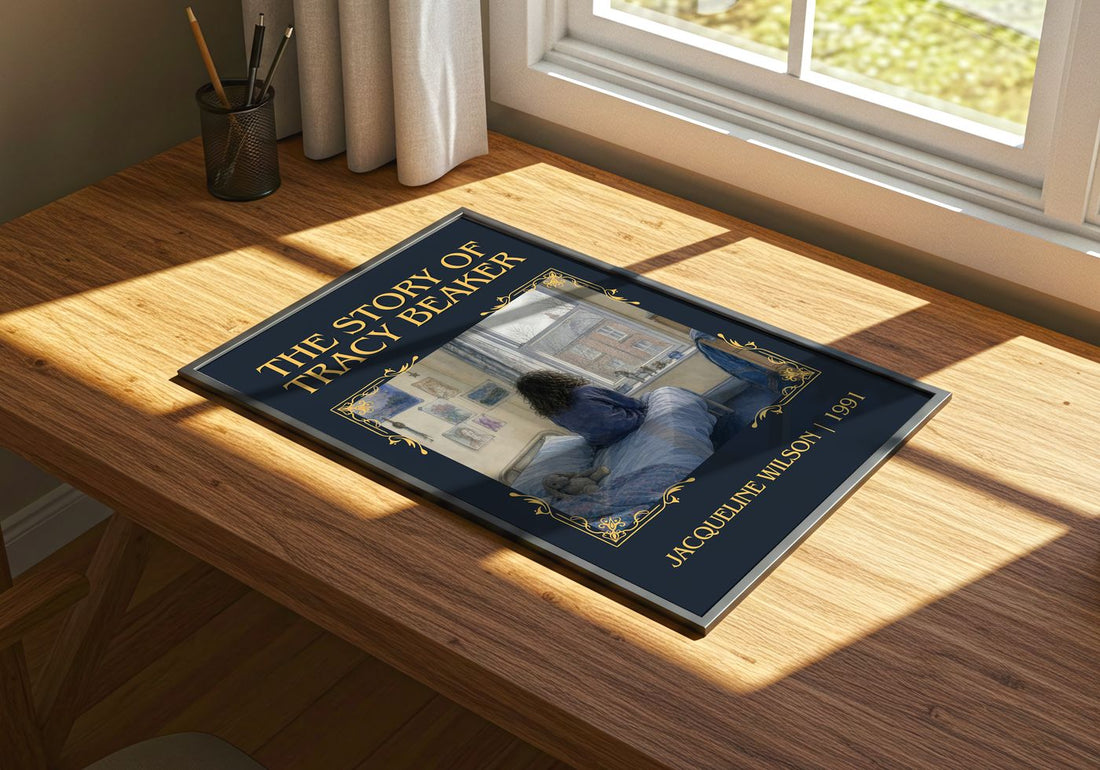 The Story of Tracy Beaker Classic Book Art Print by Jacqueline Wilson – print on a sunlit desk