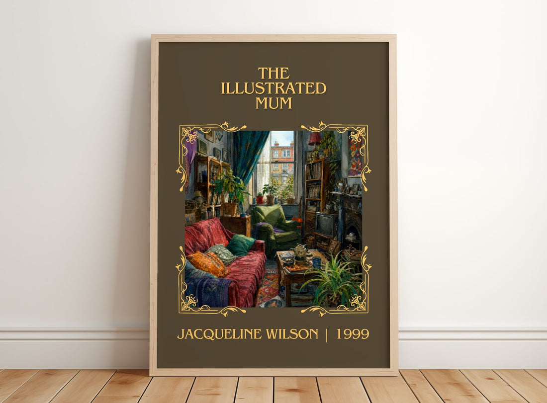 The Illustrated Mum Classic Book Art Print by Jacqueline Wilson – framed print leaning on a wooden floor