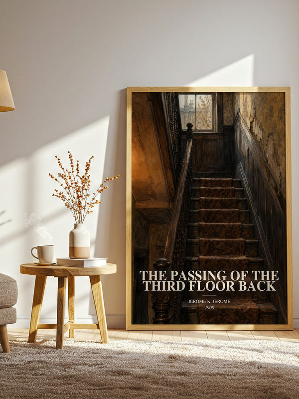 The Passing Of The Third Floor Back watercolour print in frame leaning in hallway – literary fiction wall art