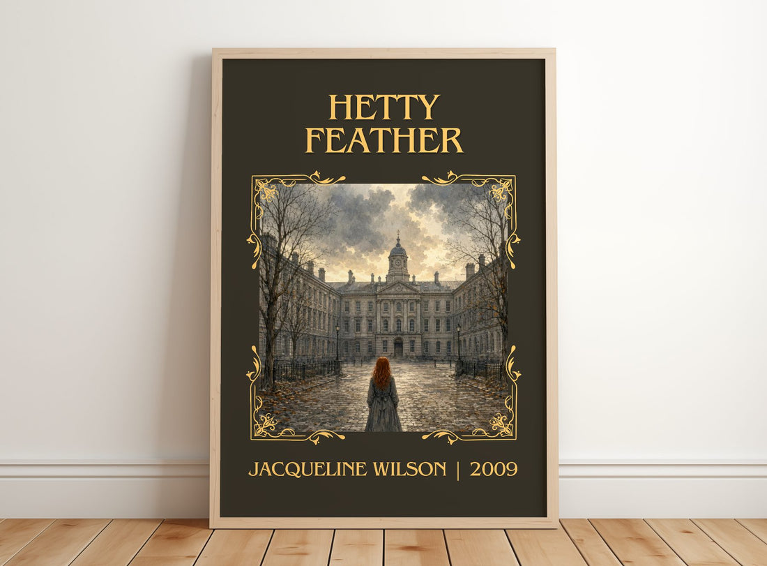 Hetty Feather Classic Book Art Print by Jacqueline Wilson – framed print leaning on a wooden floor
