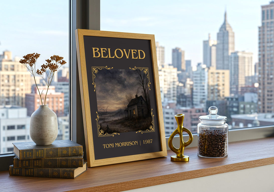 Beloved Classic Book Art Print by Toni Morrison – framed print on a city-view windowsill