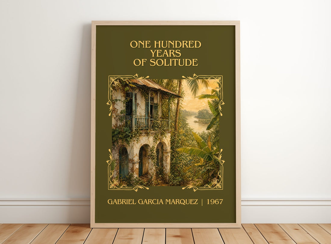 One Hundred Years of Solitude Classic Book Art Print by G. Márquez – framed print leaning on a wooden floor
