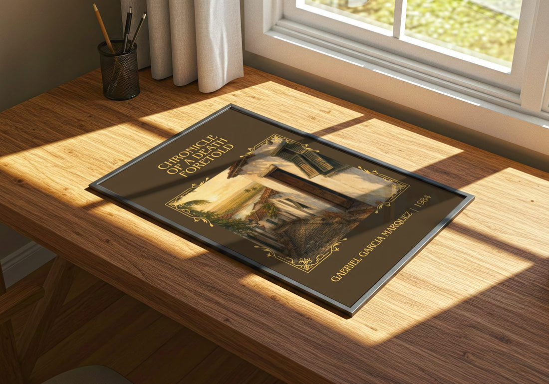 Chronicle of a Death Foretold Classic Book Art Print by G. Márquez – print on a sunlit desk
