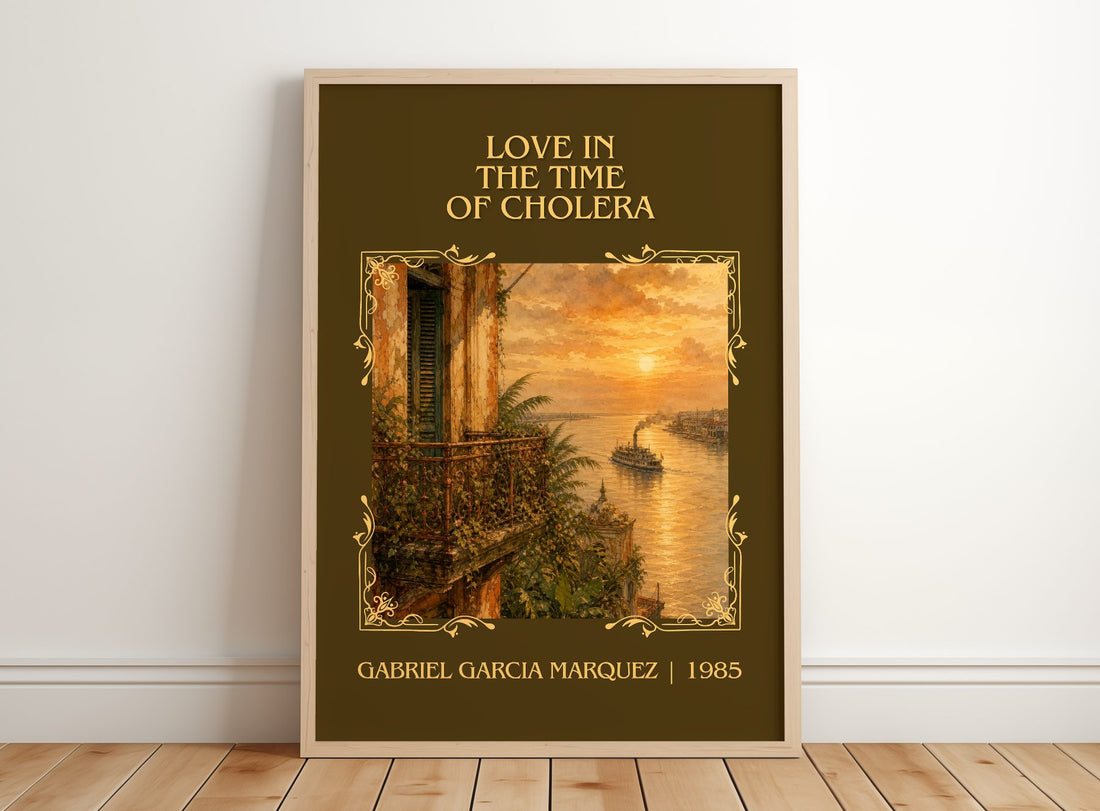 Love in the Time of Cholera Classic Book Art Print by G. Márquez – framed print leaning on a wooden floor