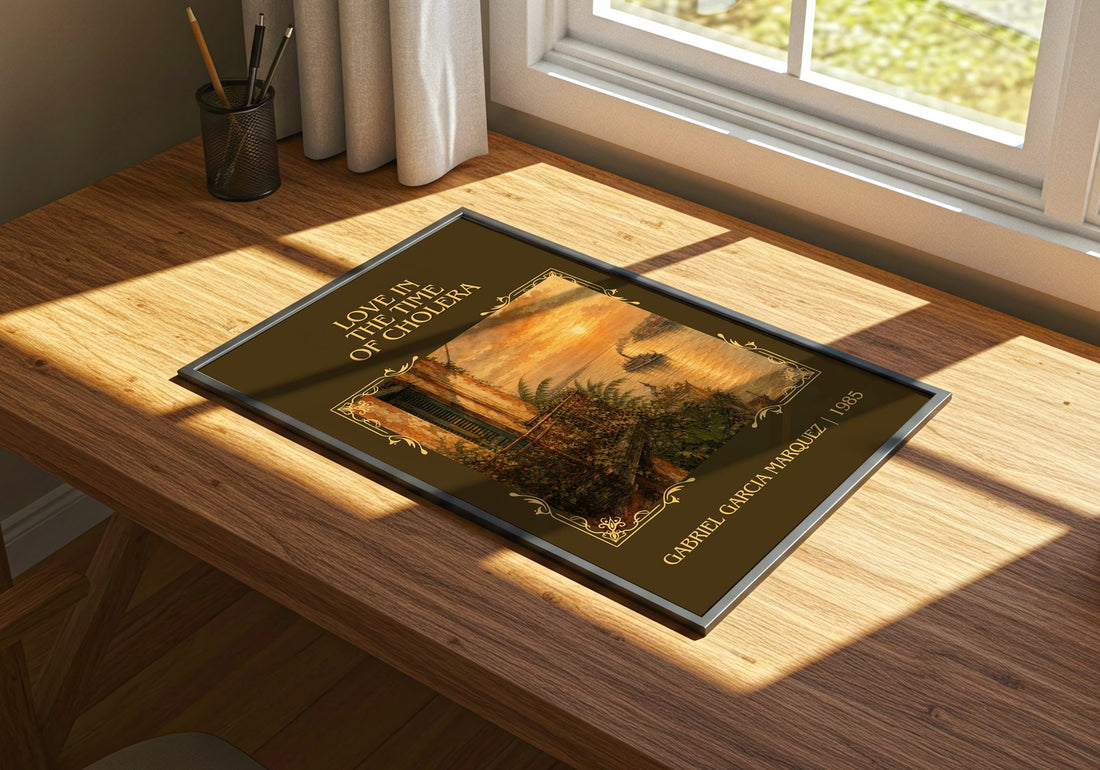 Love in the Time of Cholera Classic Book Art Print by G. Márquez – print on a sunlit desk