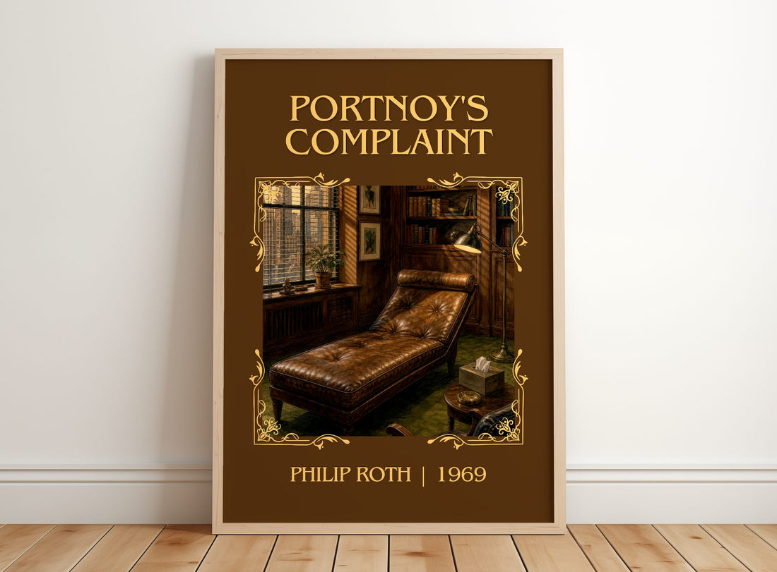 Portnoy's Complaint Classic Book Art Print by Philip Roth – framed print leaning on a wooden floor