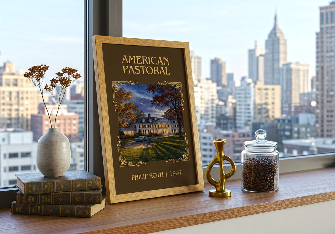 American Pastoral Classic Book Art Print by Philip Roth – framed print on a city-view windowsill
