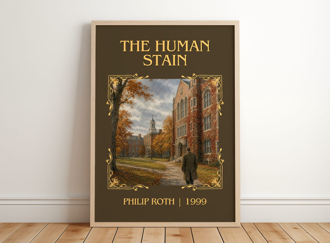 The Human Stain Classic Book Art Print by Philip Roth – framed print leaning on a wooden floor