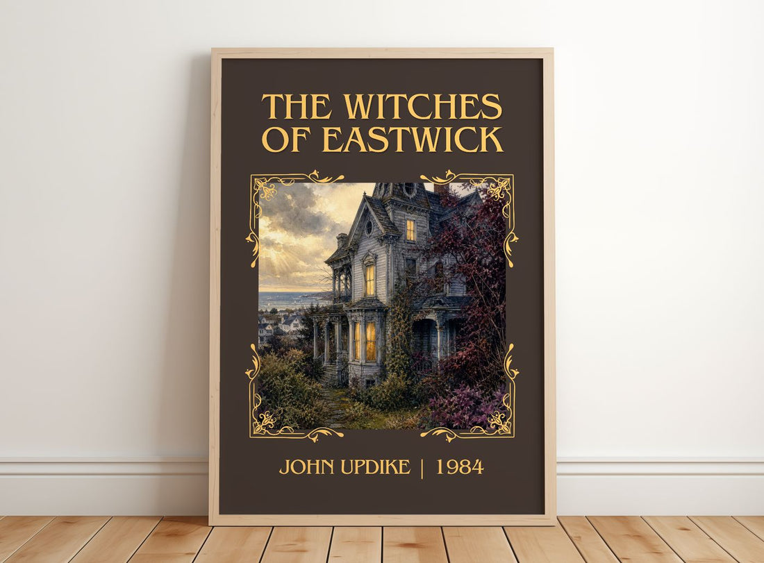 The Witches of Eastwick Classic Book Art Print by John Updike – framed print leaning on a wooden floor