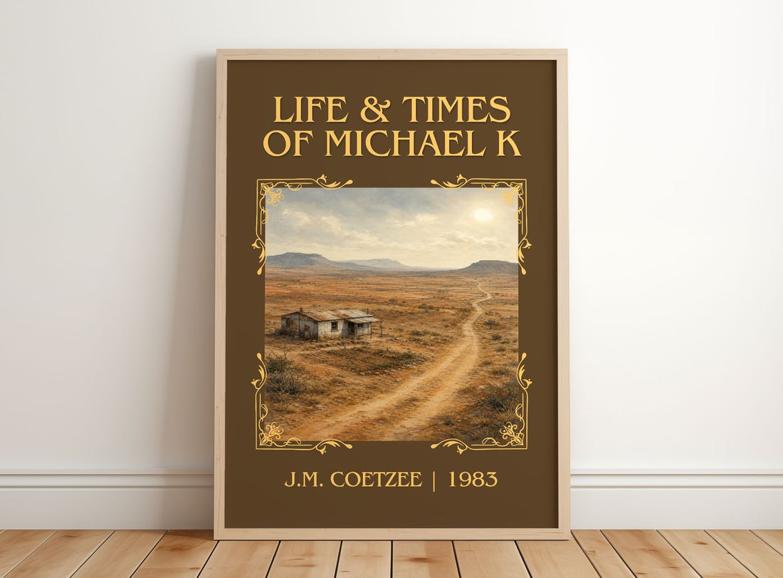 Life & Times of Michael K Classic Book Art Print by J.M. Coetzee – framed print leaning on a wooden floor