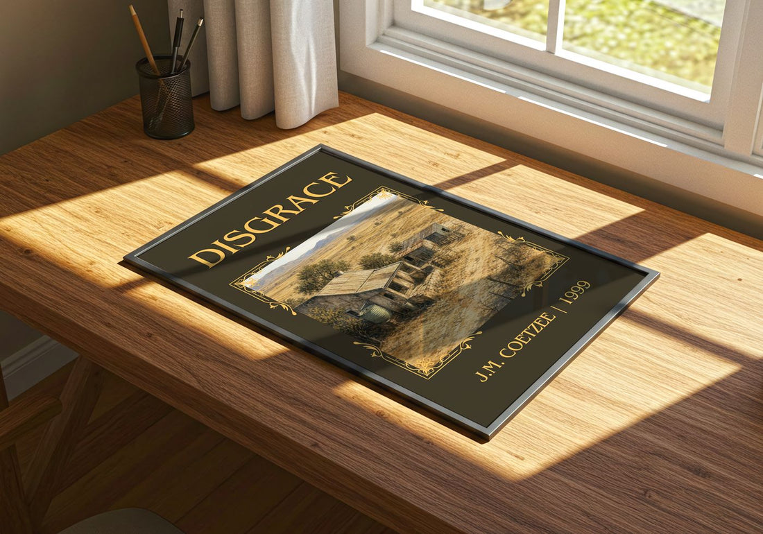Disgrace Classic Book Art Print by J.M. Coetzee – print on a sunlit desk