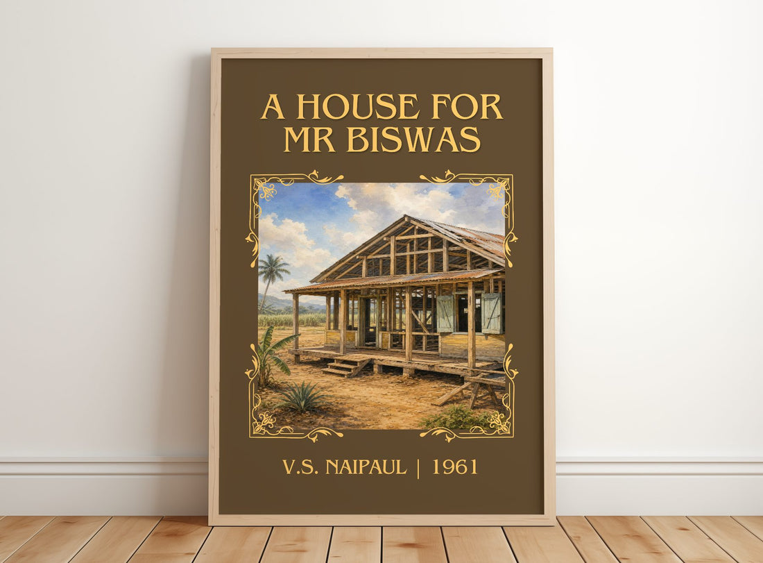 A House for Mr Biswas Classic Book Art Print by V.S. Naipaul – framed print leaning on a wooden floor