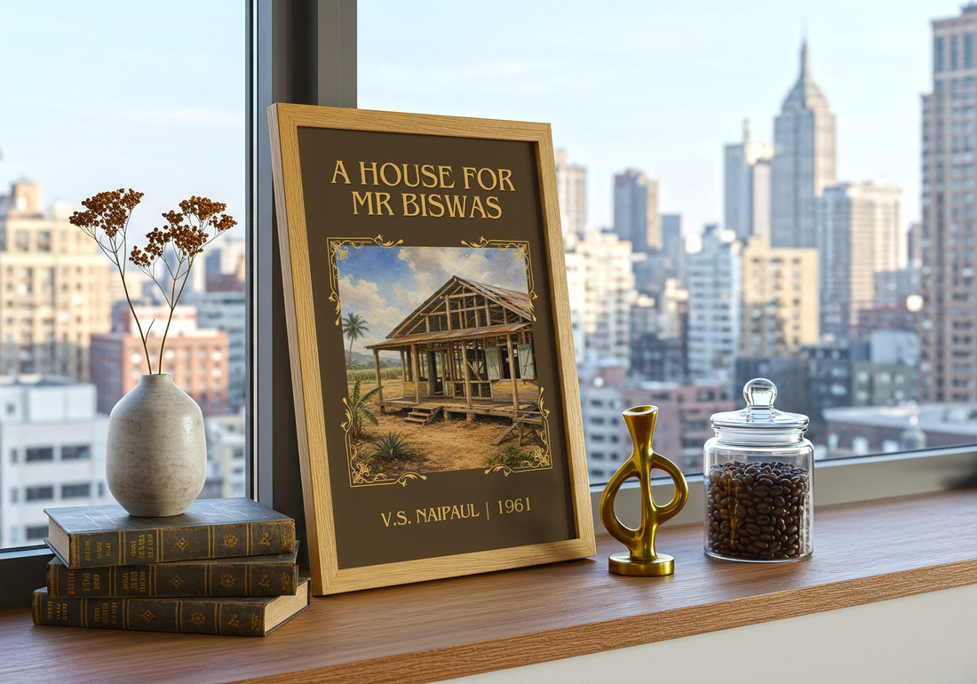 A House for Mr Biswas Classic Book Art Print by V.S. Naipaul – framed print on a city-view windowsill